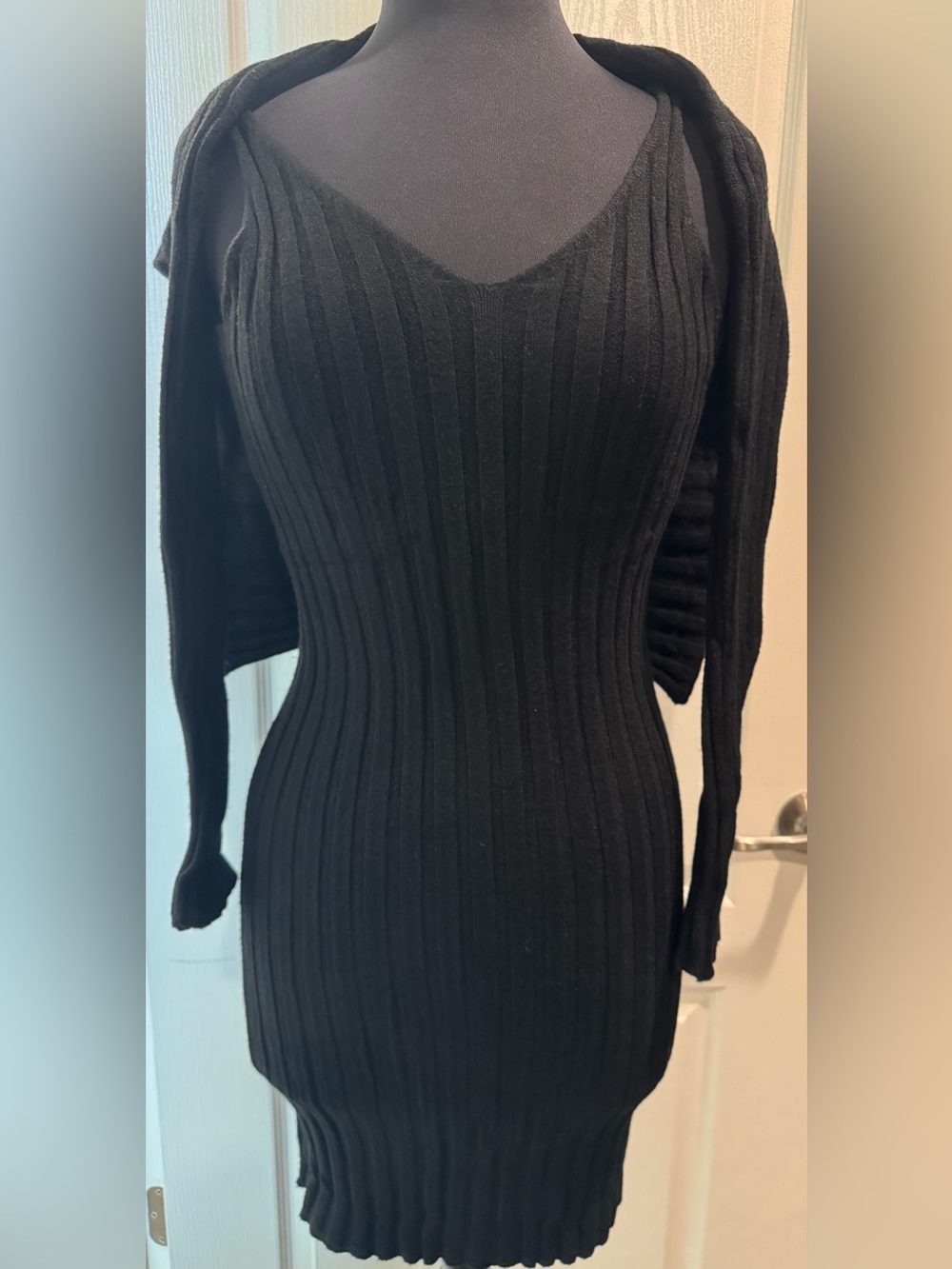 Two Piece Black Ribbed V-Neck Women's Sweater Dress